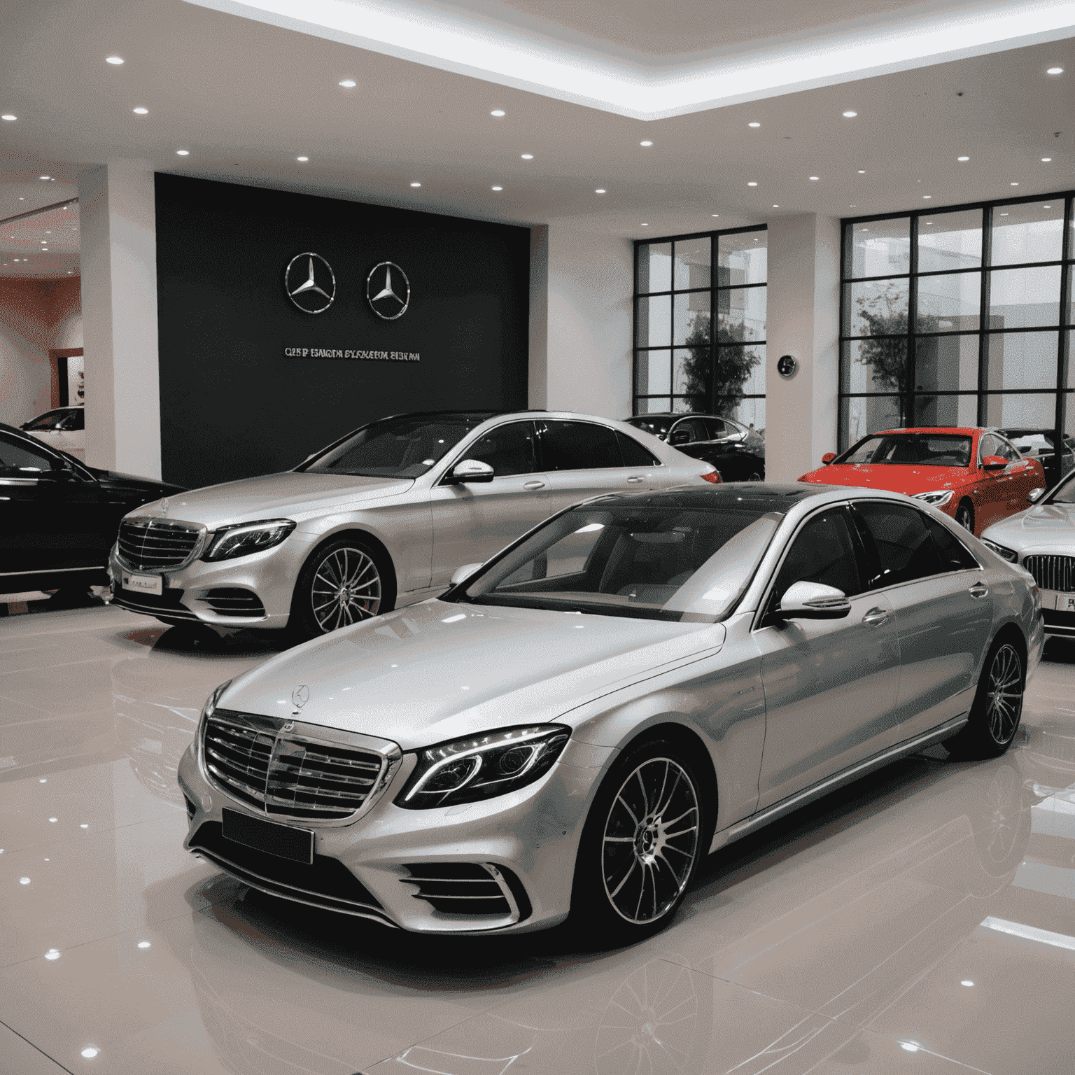 Een showroom met verschillende luxe auto's, waaronder een zilveren Mercedes-Benz S-Klasse, een zwarte BMW 7-serie, en een rode Audi A8 op de voorgrond. De auto's zijn perfect gepoetst en reflecteren het zachte licht van de showroom, wat hun elegante lijnen en hoogwaardige afwerking benadrukt.