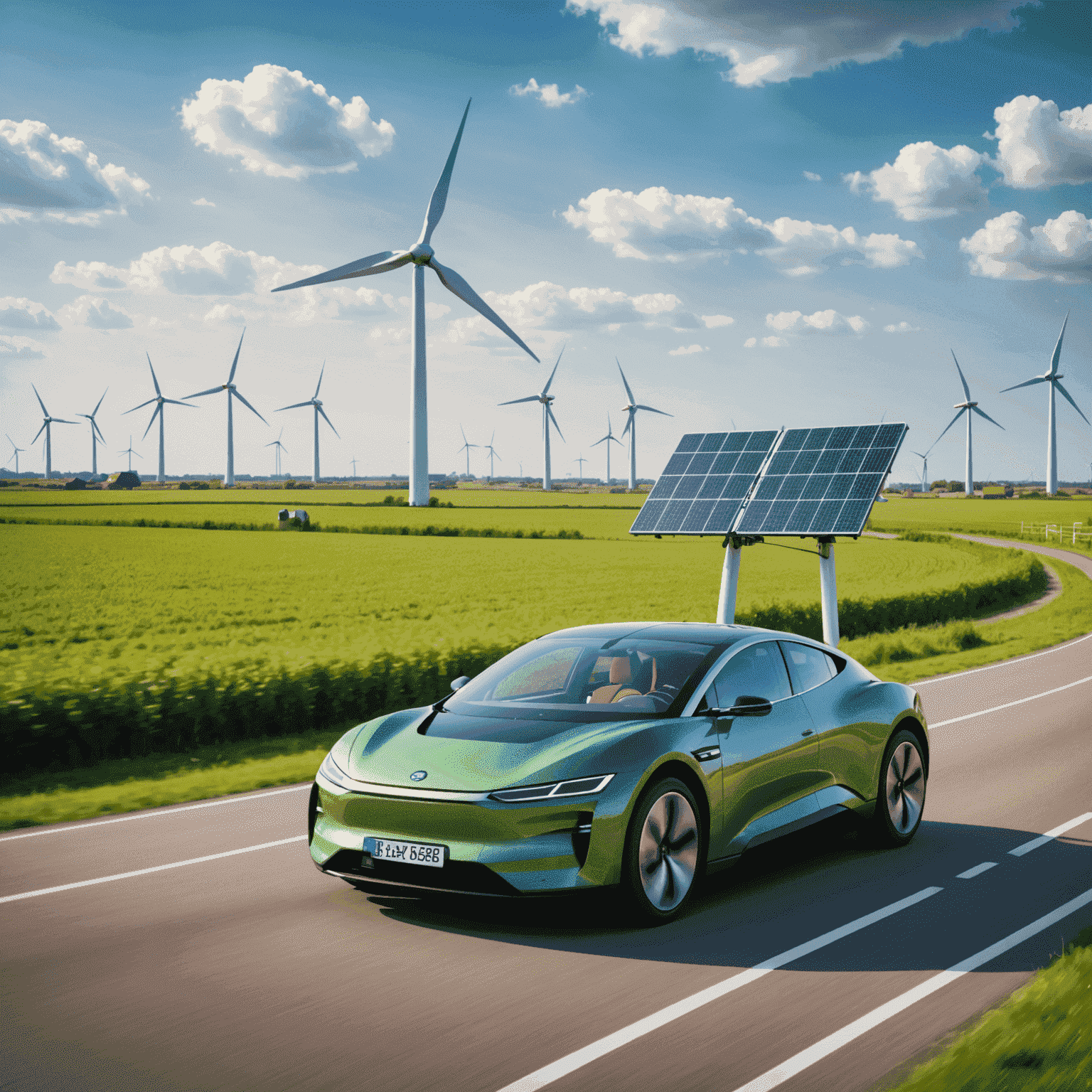 Een futuristische elektrische auto rijdt door een typisch Nederlands landschap met windmolens en zonnepanelen op de achtergrond, symboliserend de groene energietransitie in de automobielsector