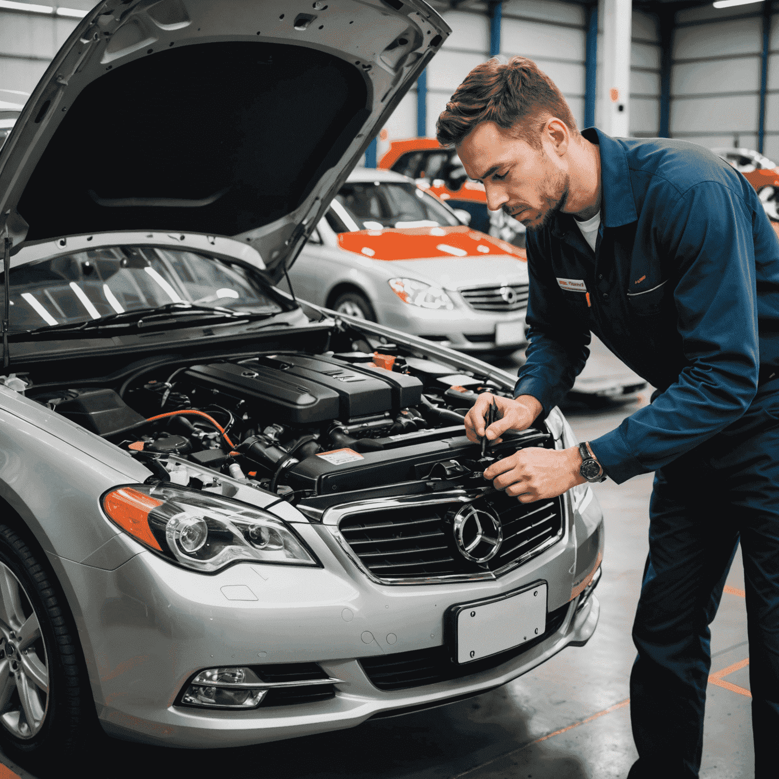 Een monteur die een motor inspecteert van een luxe sedan, met moderne diagnostische apparatuur op de voorgrond