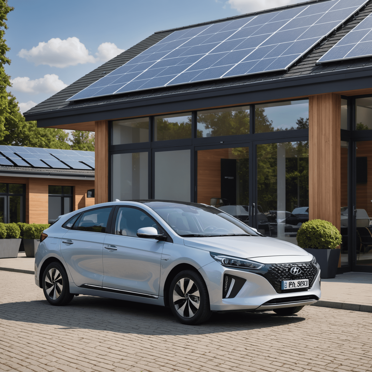 Hyundai IONIQ Electric geparkeerd voor een modern Nederlands gebouw met zonnepanelen