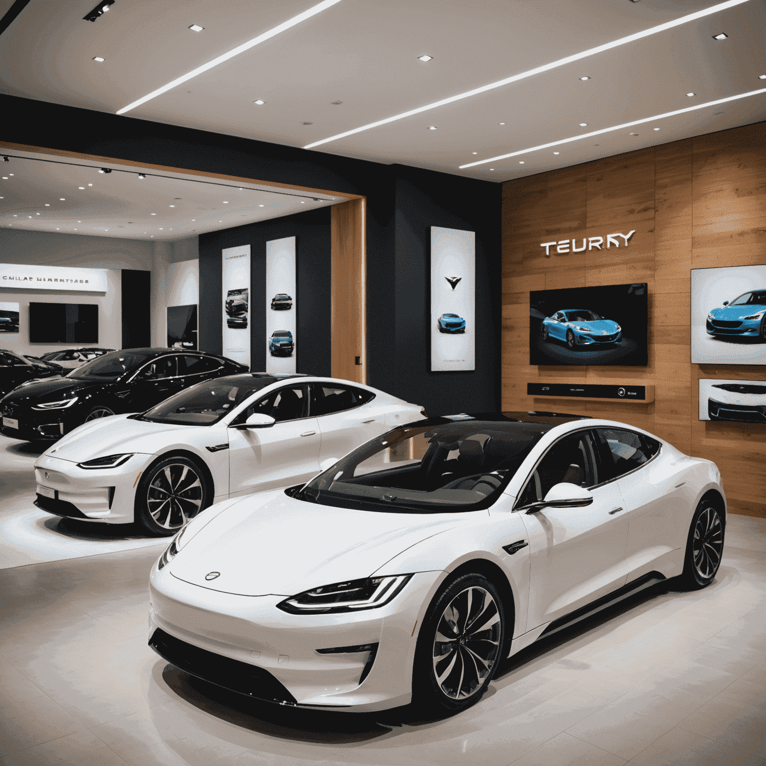 Een showroom met luxe elektrische auto's van verschillende premium merken, met geavanceerde technologie en stijlvol interieur zichtbaar