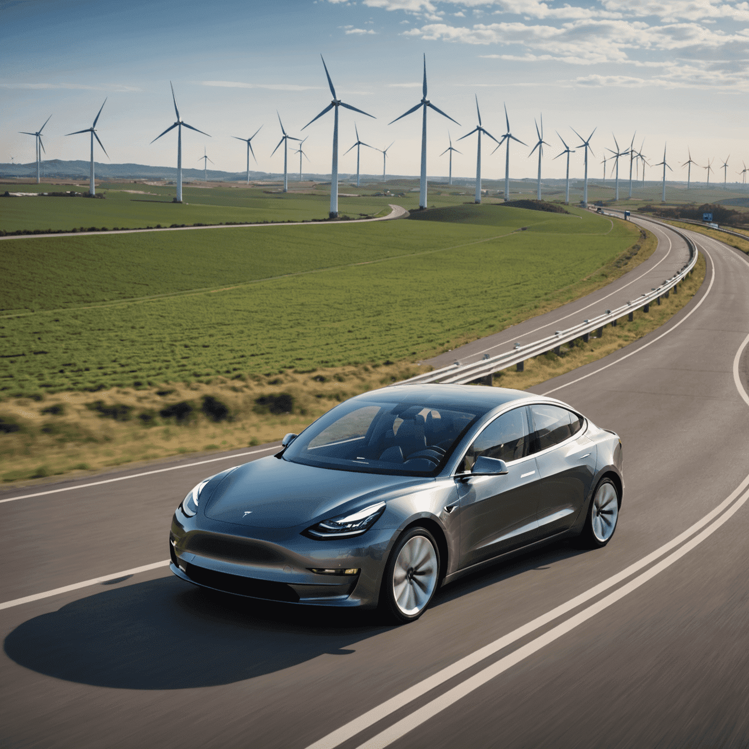 Tesla Model 3 rijdend op een snelweg langs Nederlandse windmolenparken